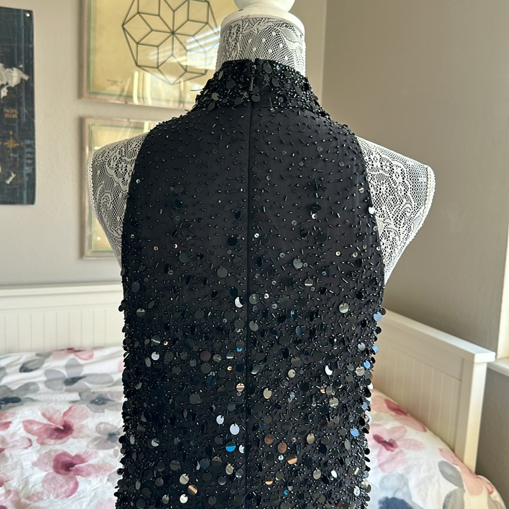Bicici 100% Silk Sequin & Beaded Black Halter Mock Neck DiscoMini Cocktail Dress - Picture 9 of 14
